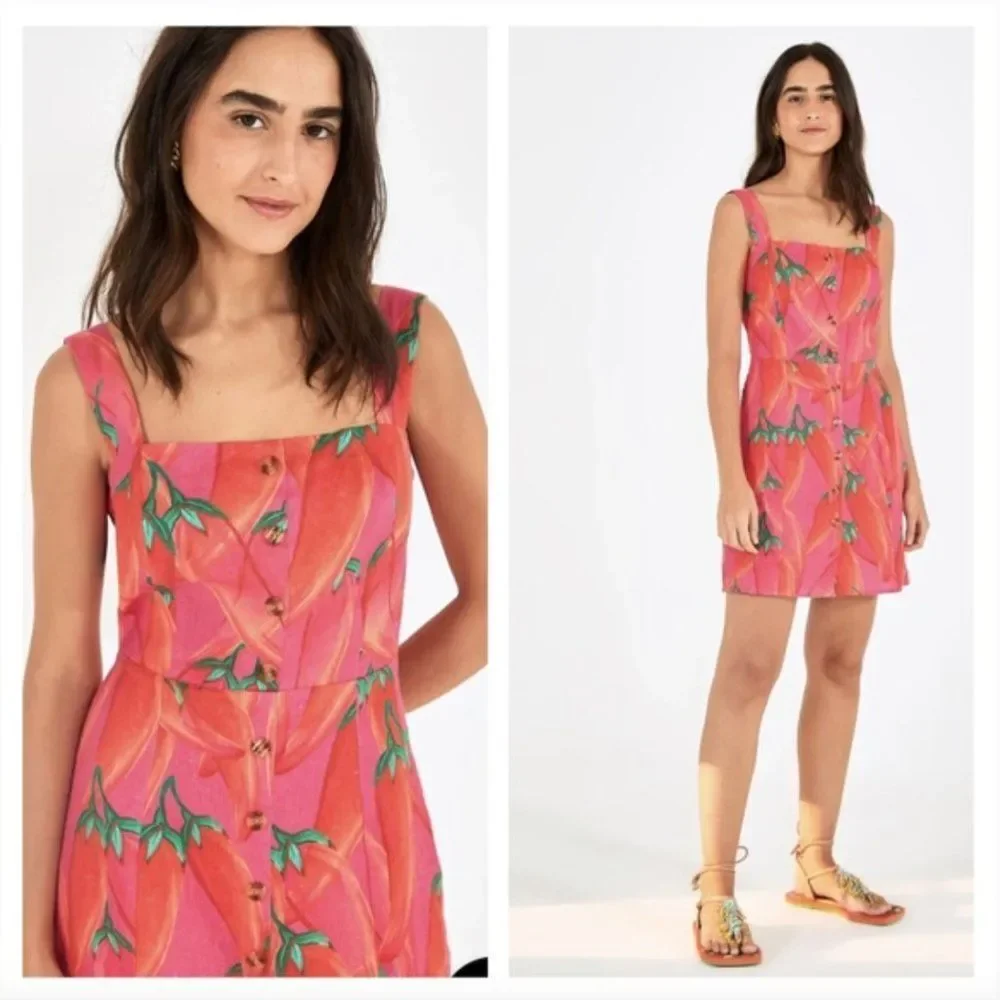 FARM Rio Red Pepper Linen Mini Dress XS NWT Spice Summer Vacation Tomato Girl - Picture 3 of 16